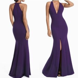Carmen Marc Valvo Infusion Purple Halter Neck Deep‎ V Neck Trumpet Gown Size 10